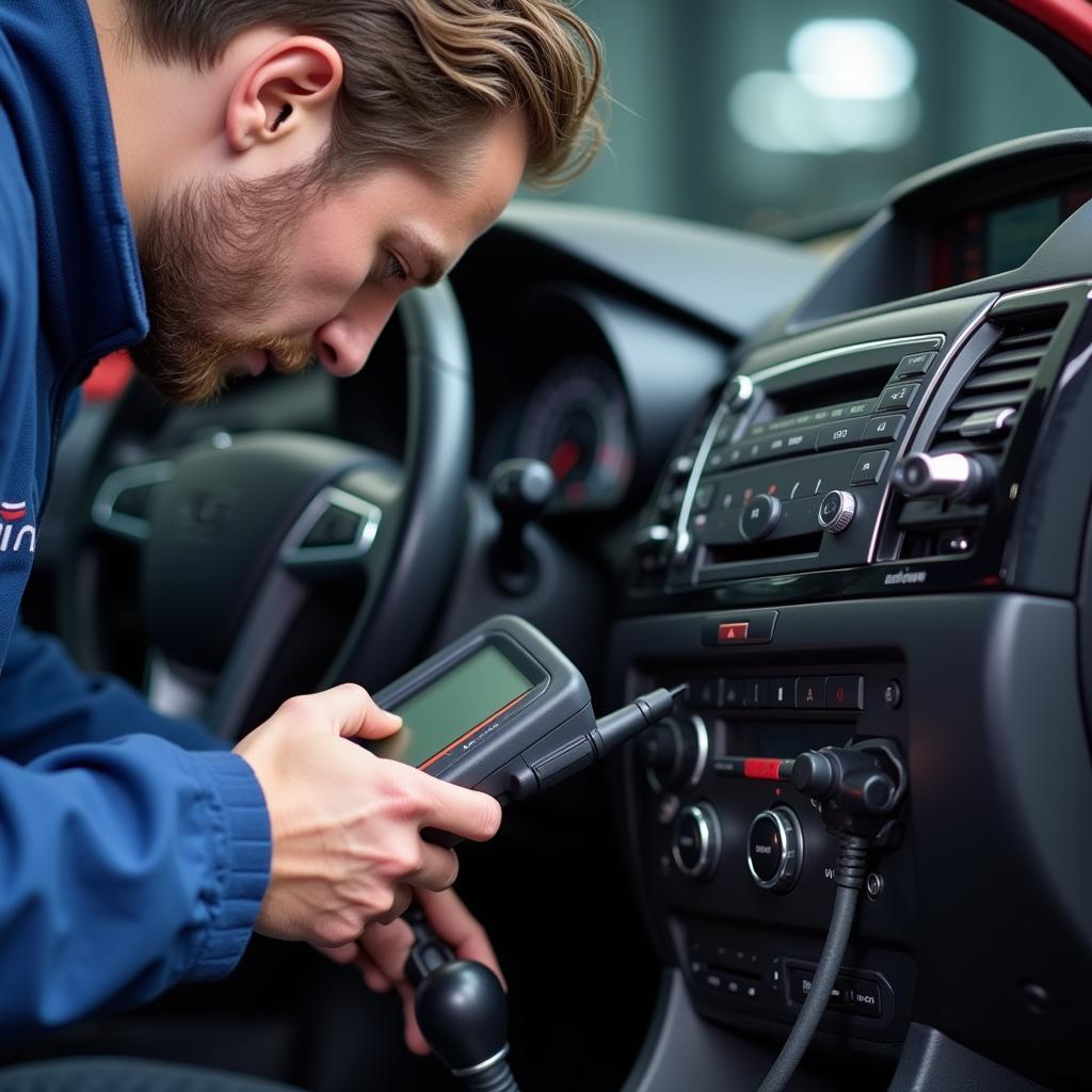 Mechanic using a diagnostic tool on a car in Endeavour Hills