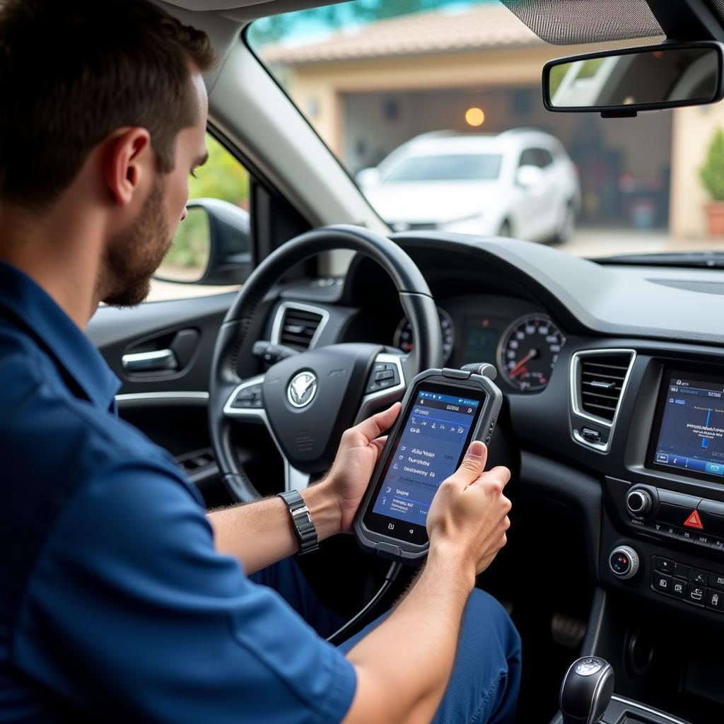 Mechanic using a car diagnostic tool during a home service call