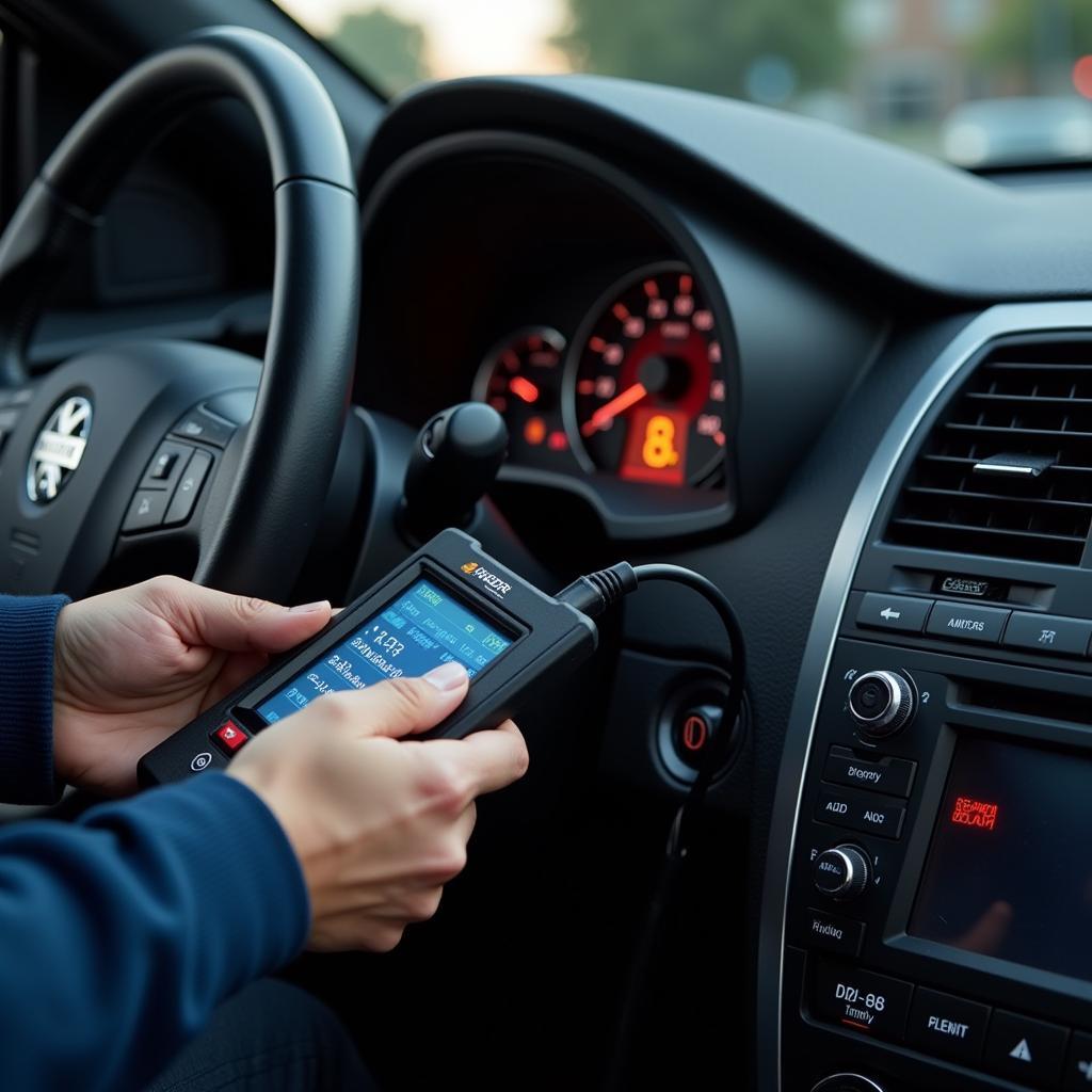 Mechanic using car diagnostic tools