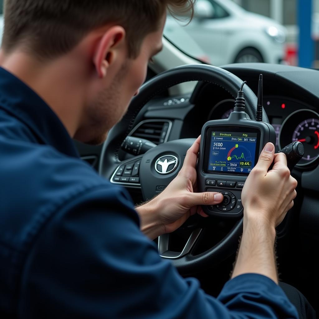 Mechanic using diagnostic tools on a car engine