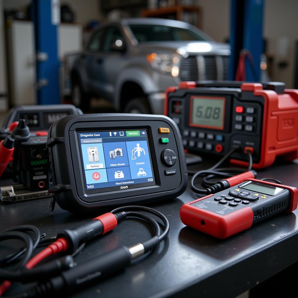 Professional car diagnostic tools in a garage