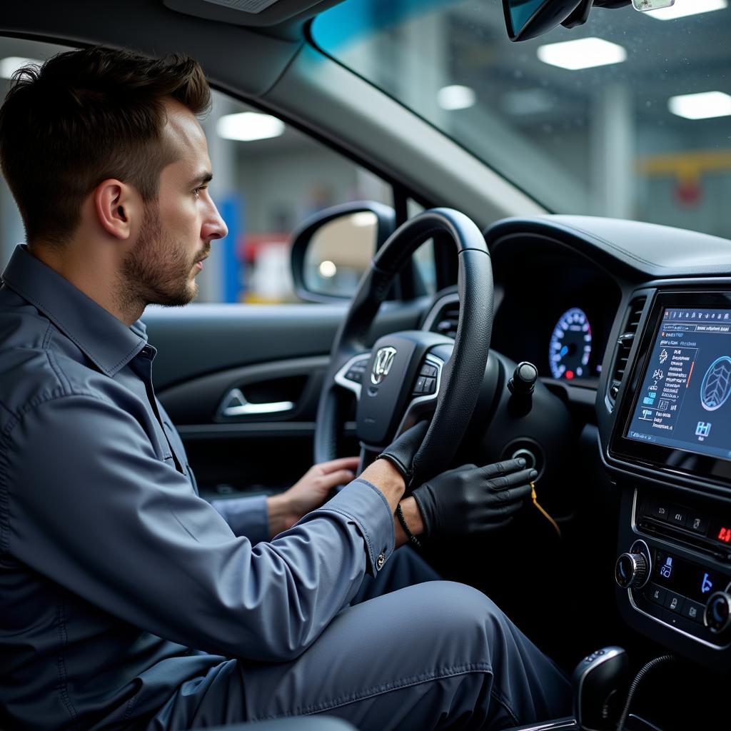 Skilled mechanic using a diagnostic computer on a car