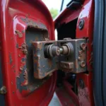 Close-up of a car door hinge showing signs of wear and tear