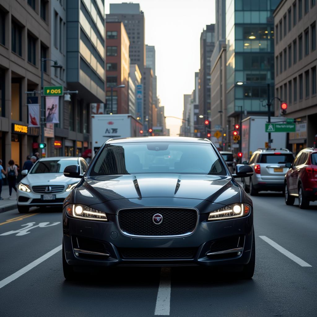 Modern Car Navigating Congested City Streets