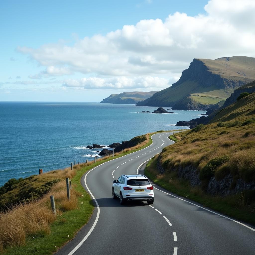 Car enjoying a scenic drive on a Scottish coastal road