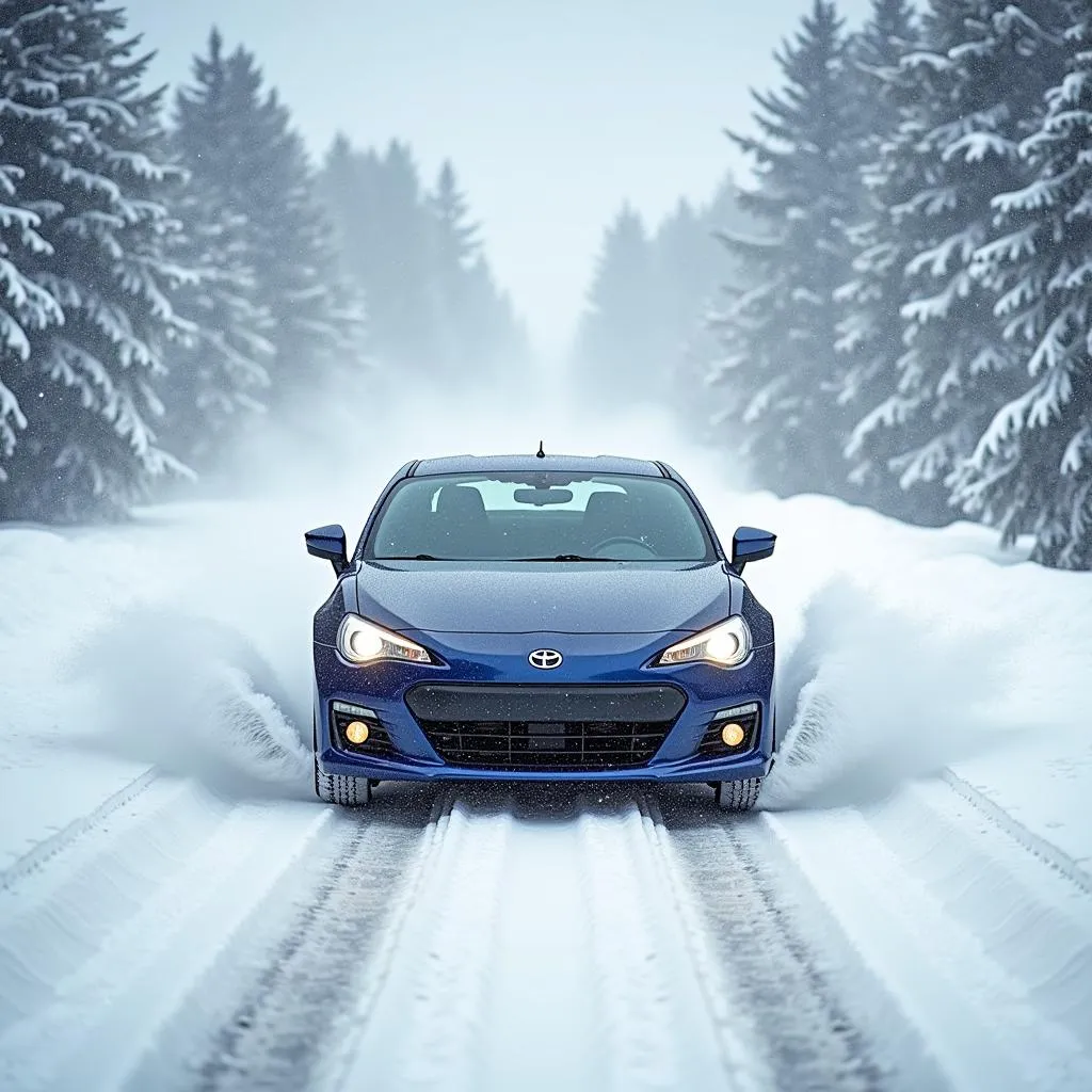 Car equipped with traction control driving on a snowy road