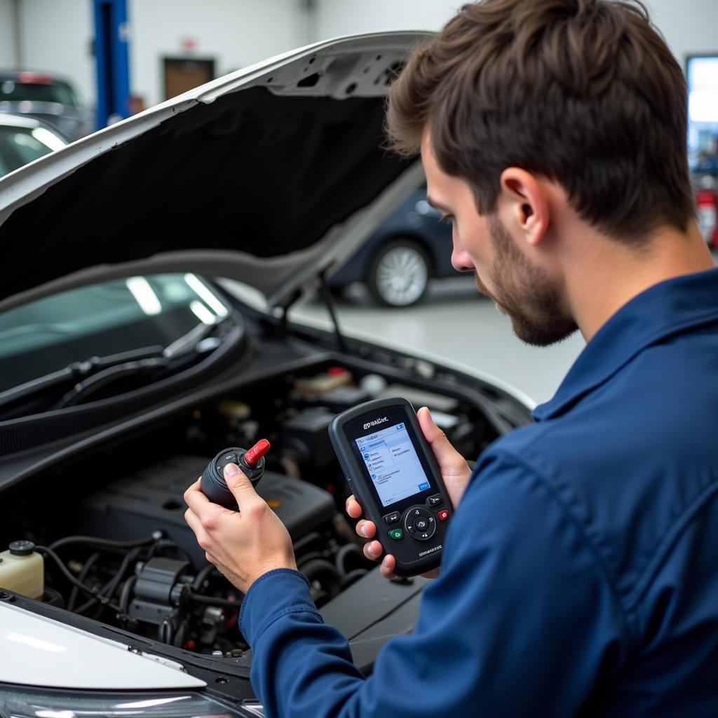 Car mechanic performing electrical system check