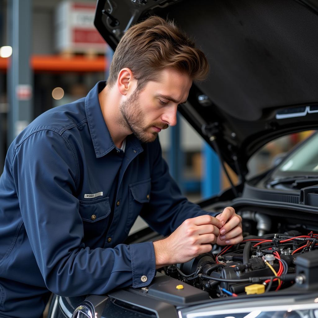 Car electrician inspecting a wiring harness in Bristol