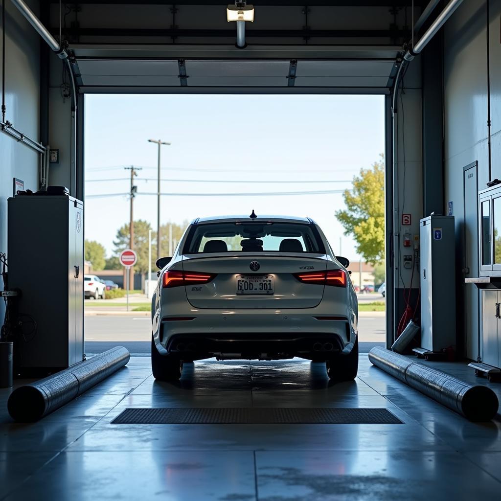 Car undergoing emissions testing at a smog check station