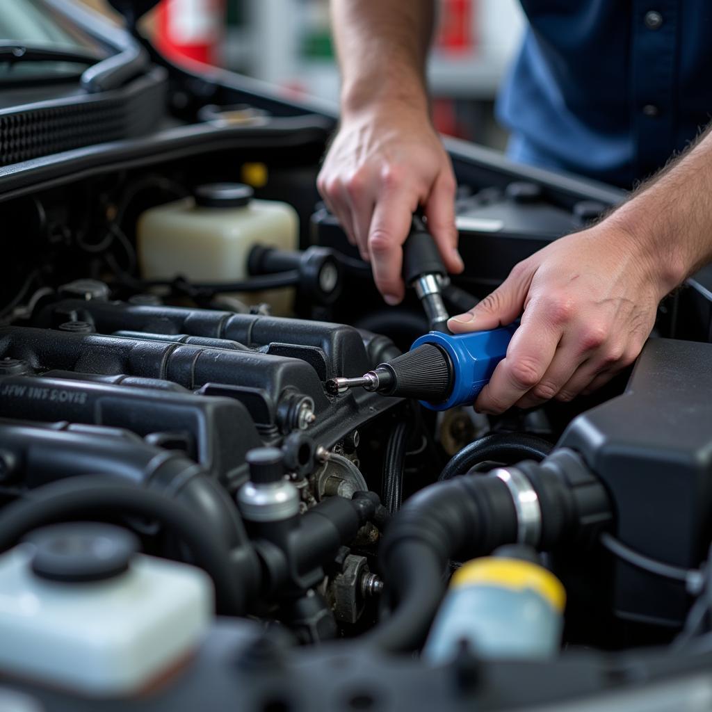 Mechanic inspecting car engine