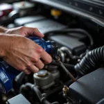 Mechanic changing car engine oil