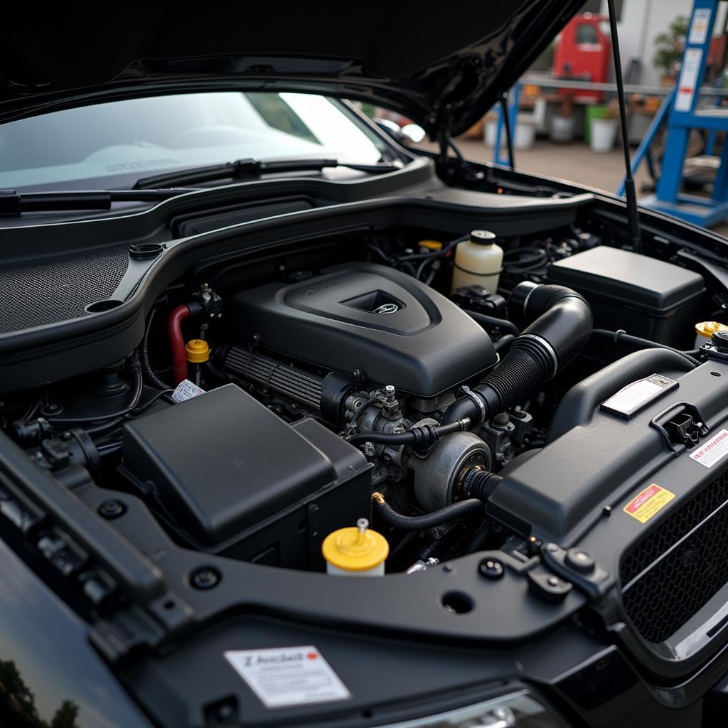 Car engine undergoing significant repair work, with parts disassembled and a mechanic working diligently.