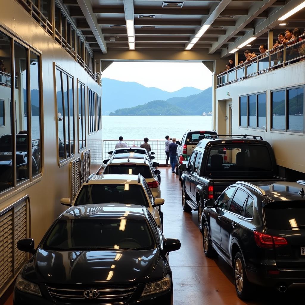 Vehicles parked inside a car ferry to Langkawi