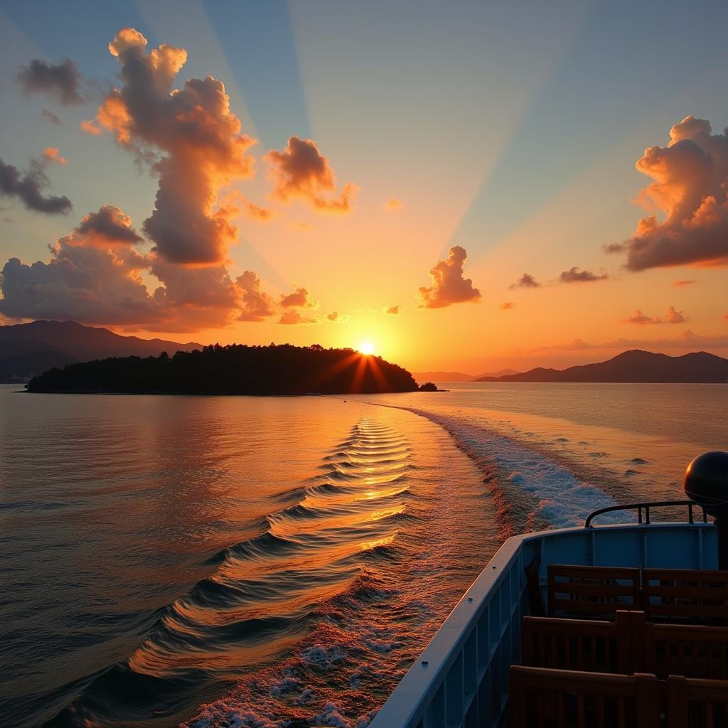 Car ferry approaching Langkawi at sunset