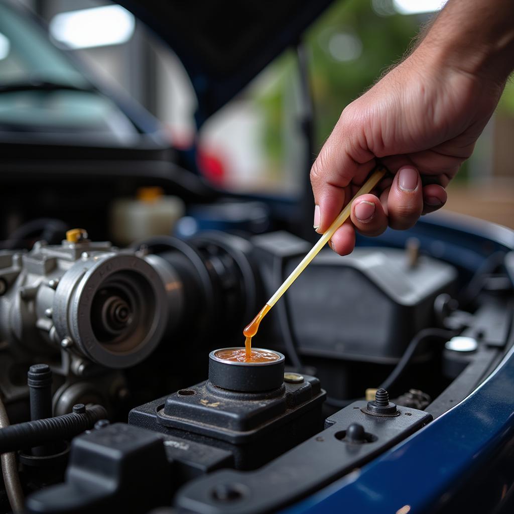 Checking car fluids during 75,000-mile service