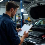 Mechanic inspecting a car's engine bay during a full service