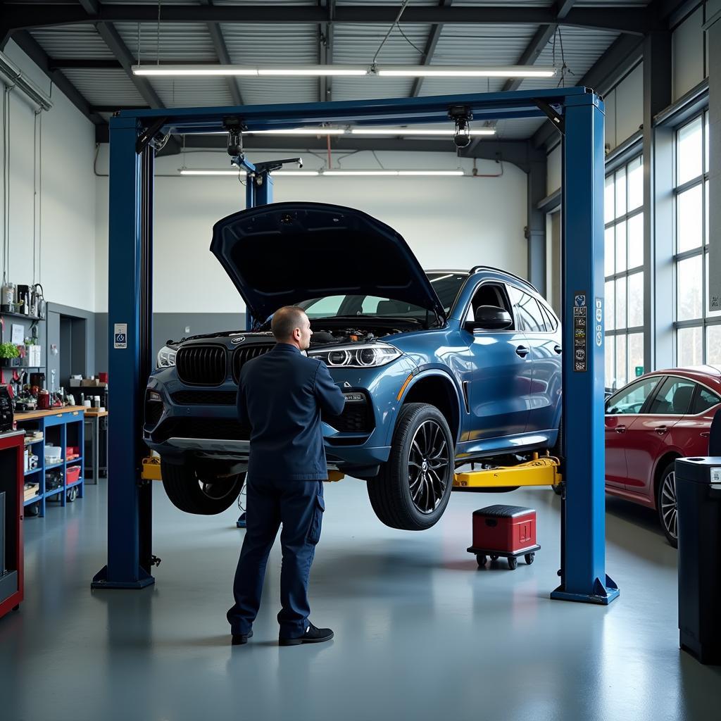 Car being serviced in a garage