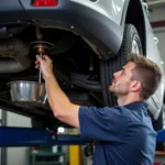 Mechanic performing an oil change on a car