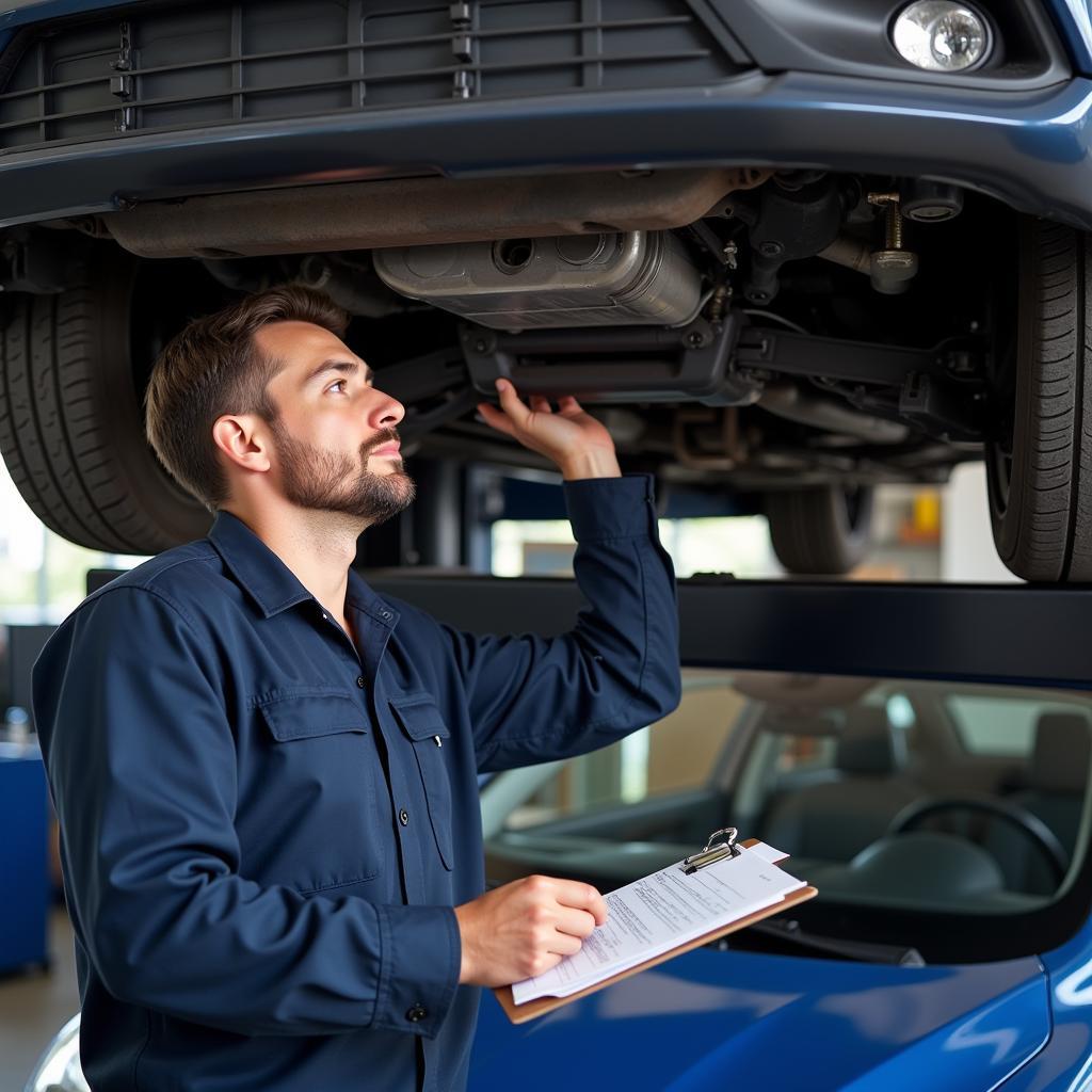 Mechanic inspecting car during first service