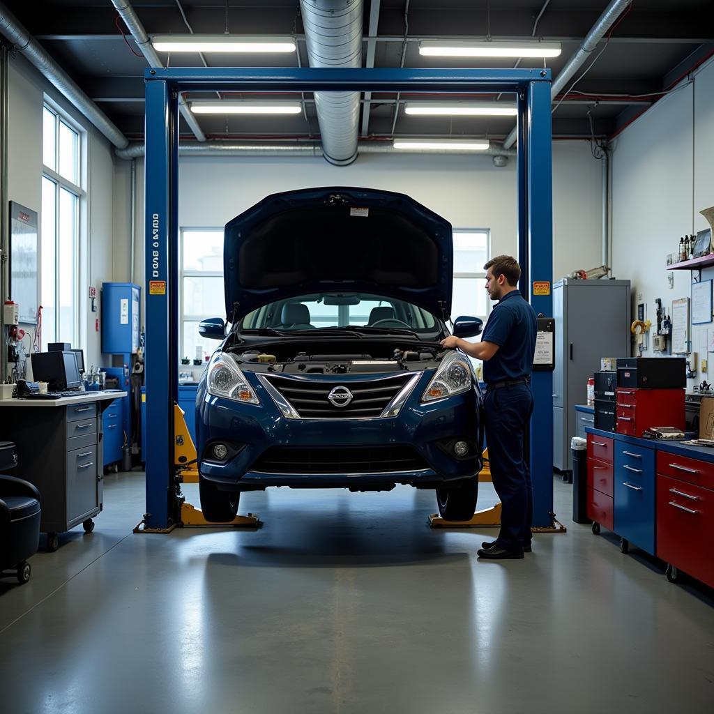 Car being serviced by a mechanic in a garage