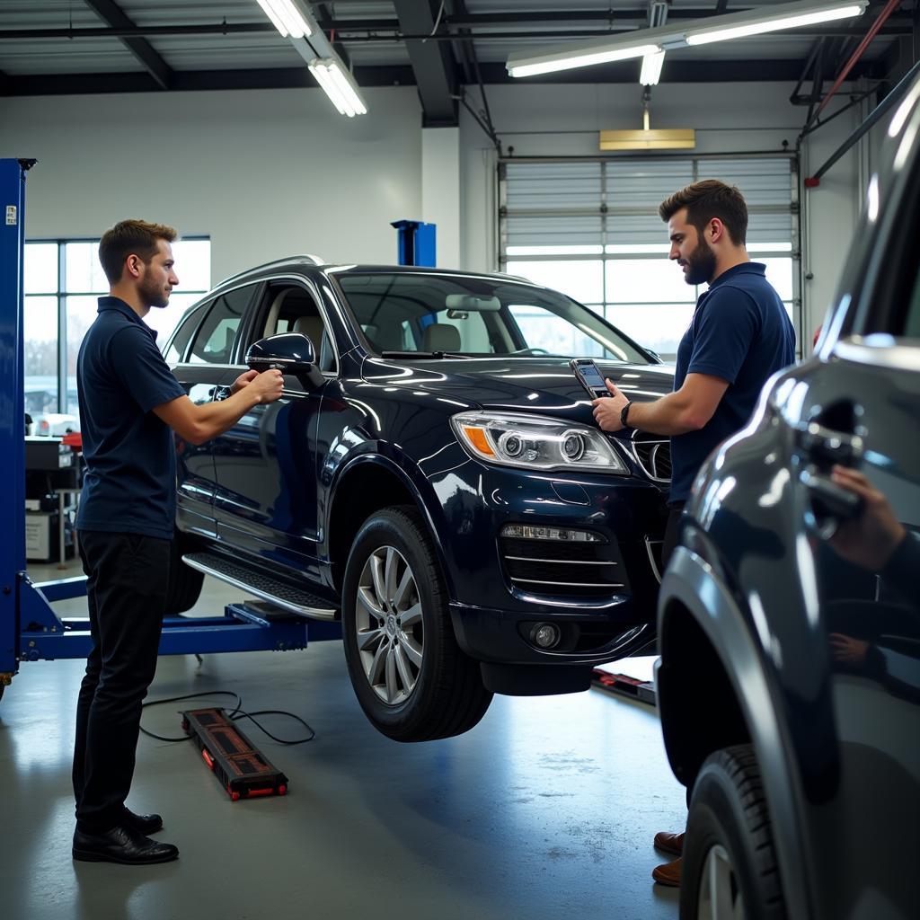 A car up on a lift getting serviced at a garage