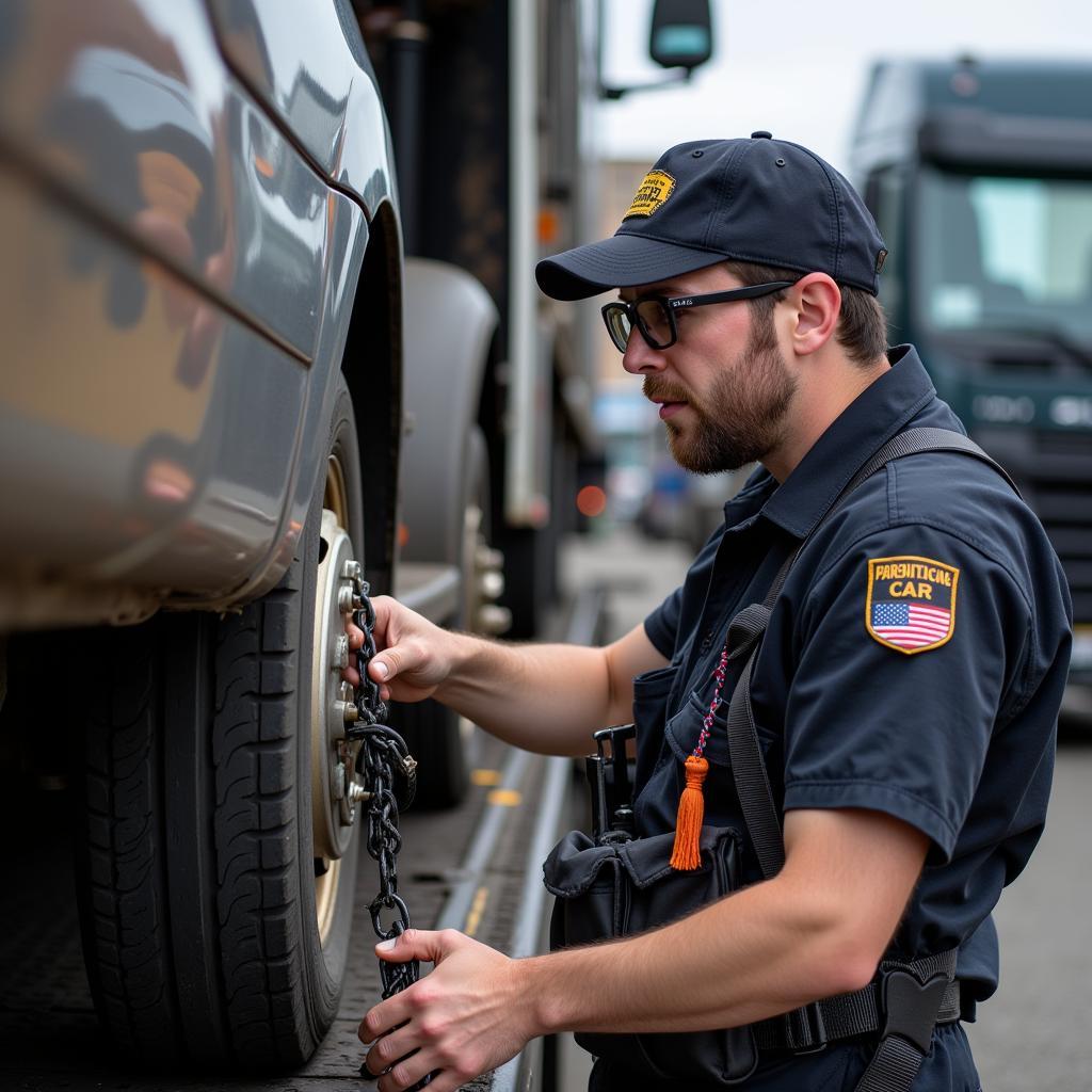 Car hauler driver inspecting vehicle securement on a trailer