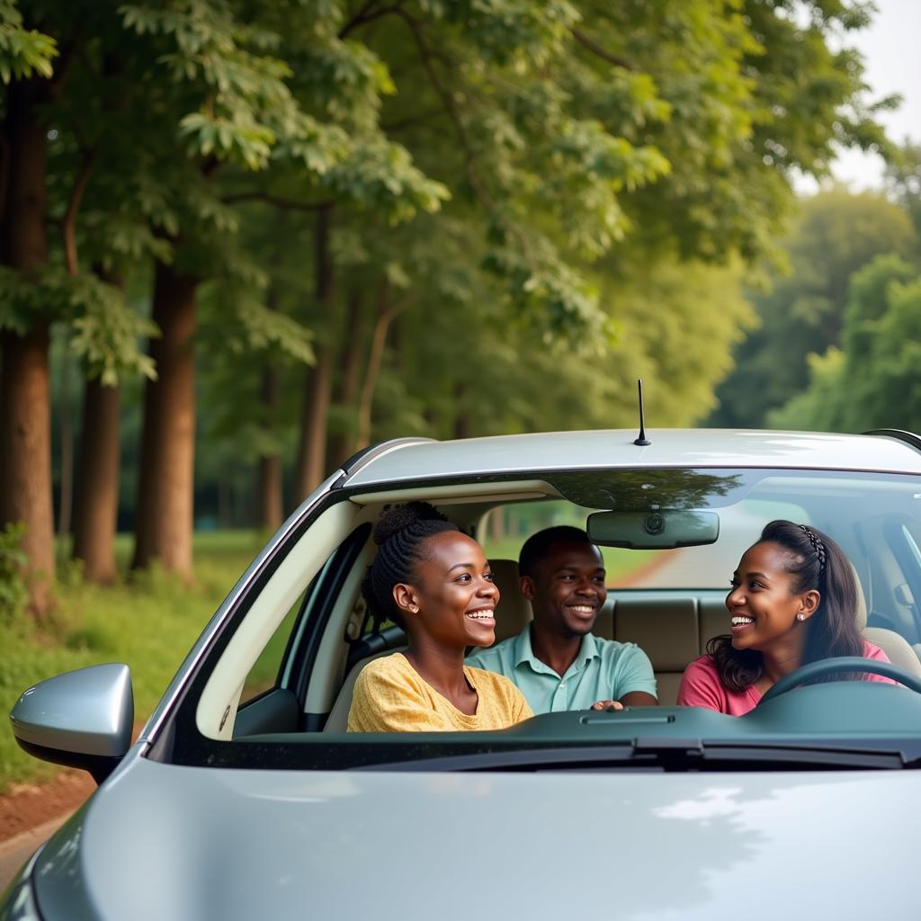 Family on a road trip in a hired car in Abuja