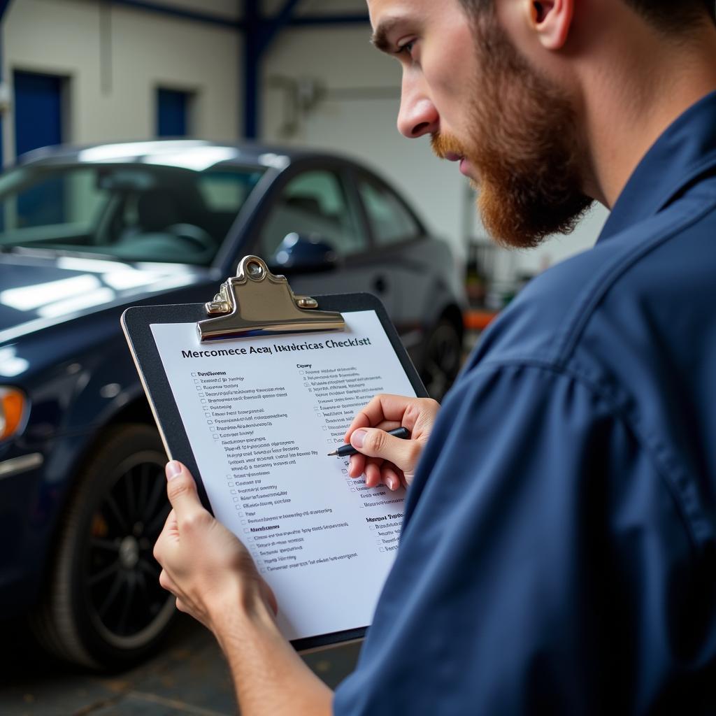 Mechanic reviewing a car inspection checklist in Morecambe