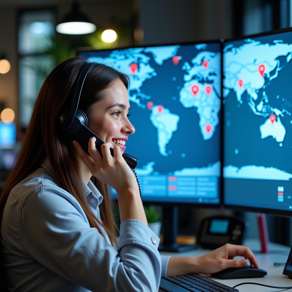 Customer service representative answering a call, with a map and multiple phone lines in the background