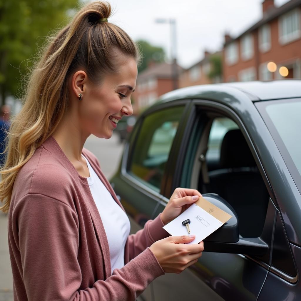 Woman Receiving Car Key in Mailbox