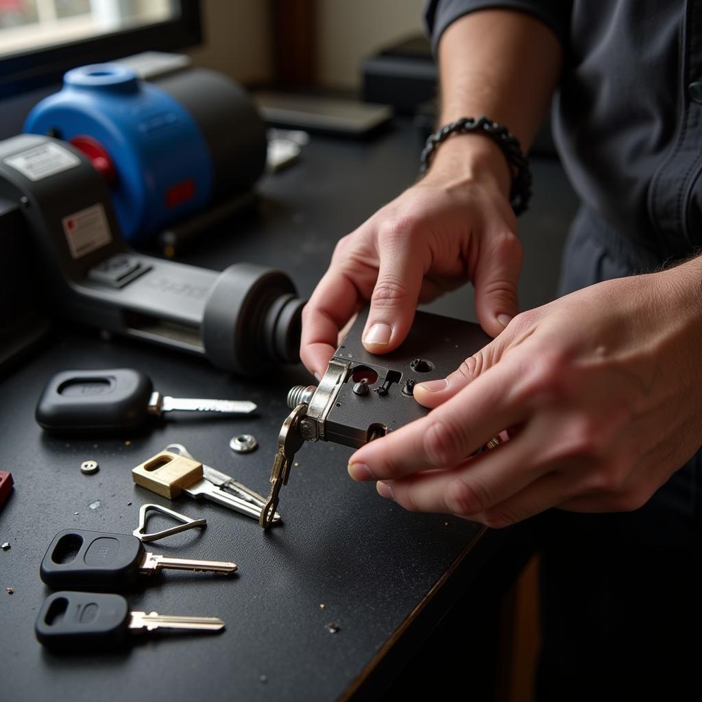 Technician cutting a new car key for a customer using specialized equipment