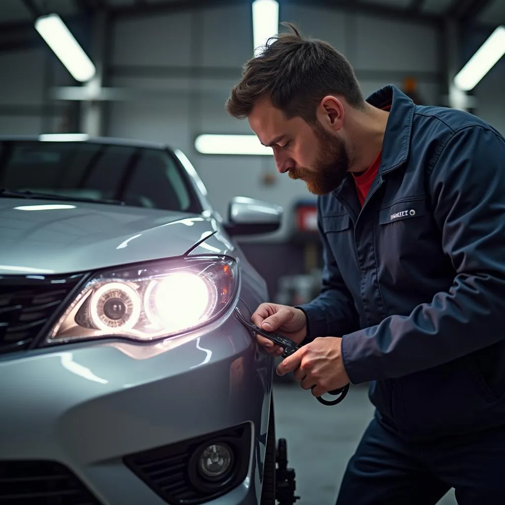 Mechanic Inspecting Car Lights