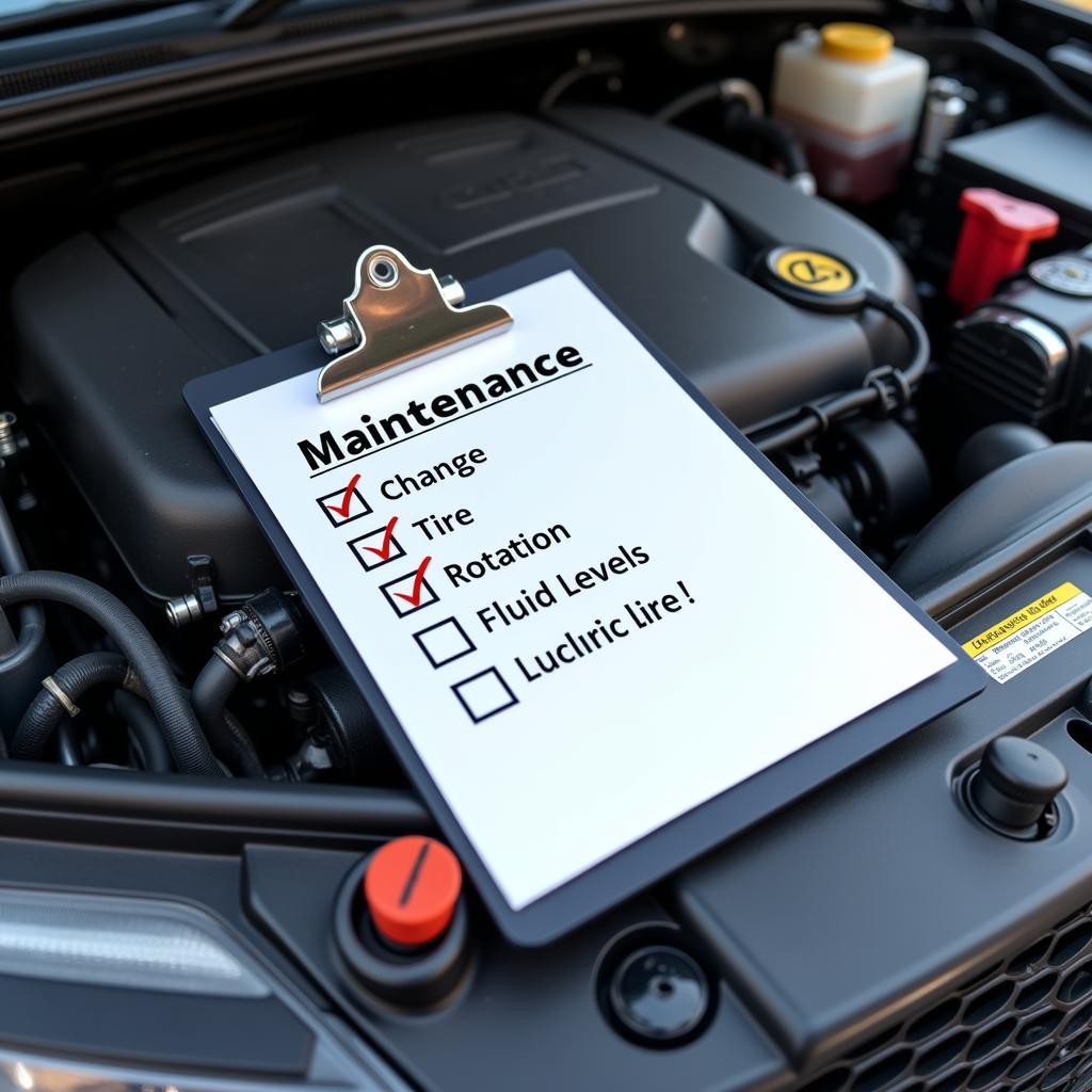 Car maintenance checklist on a clipboard resting on a car engine