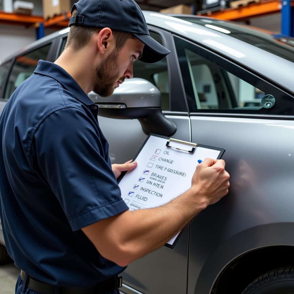 Mechanic with a clipboard reviewing a car maintenance checklist