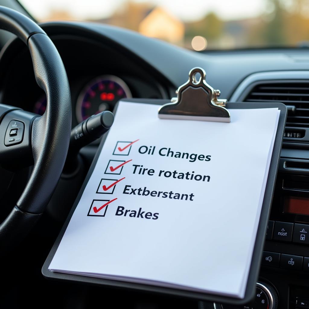 Car maintenance checklist on a clipboard resting on a car dashboard