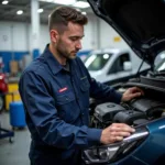 Experienced car mechanic in Barcelona inspecting a vehicle