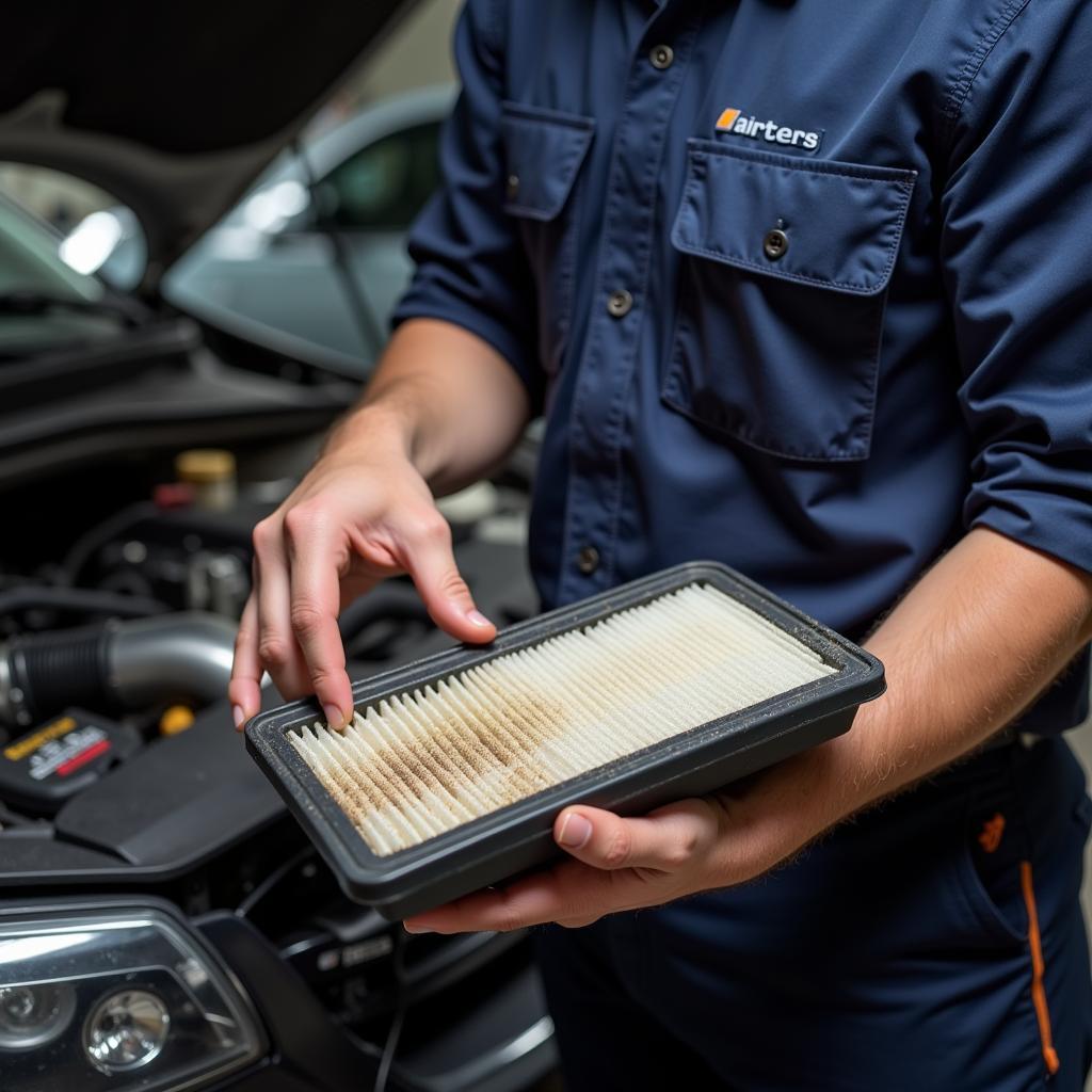 Car mechanic inspecting air filter in a car service