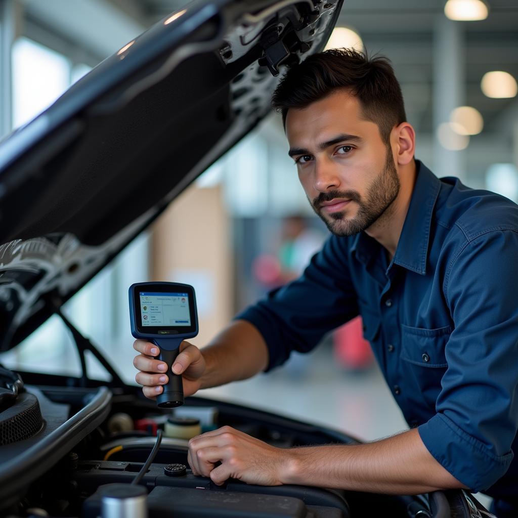 Car mechanic checking engine