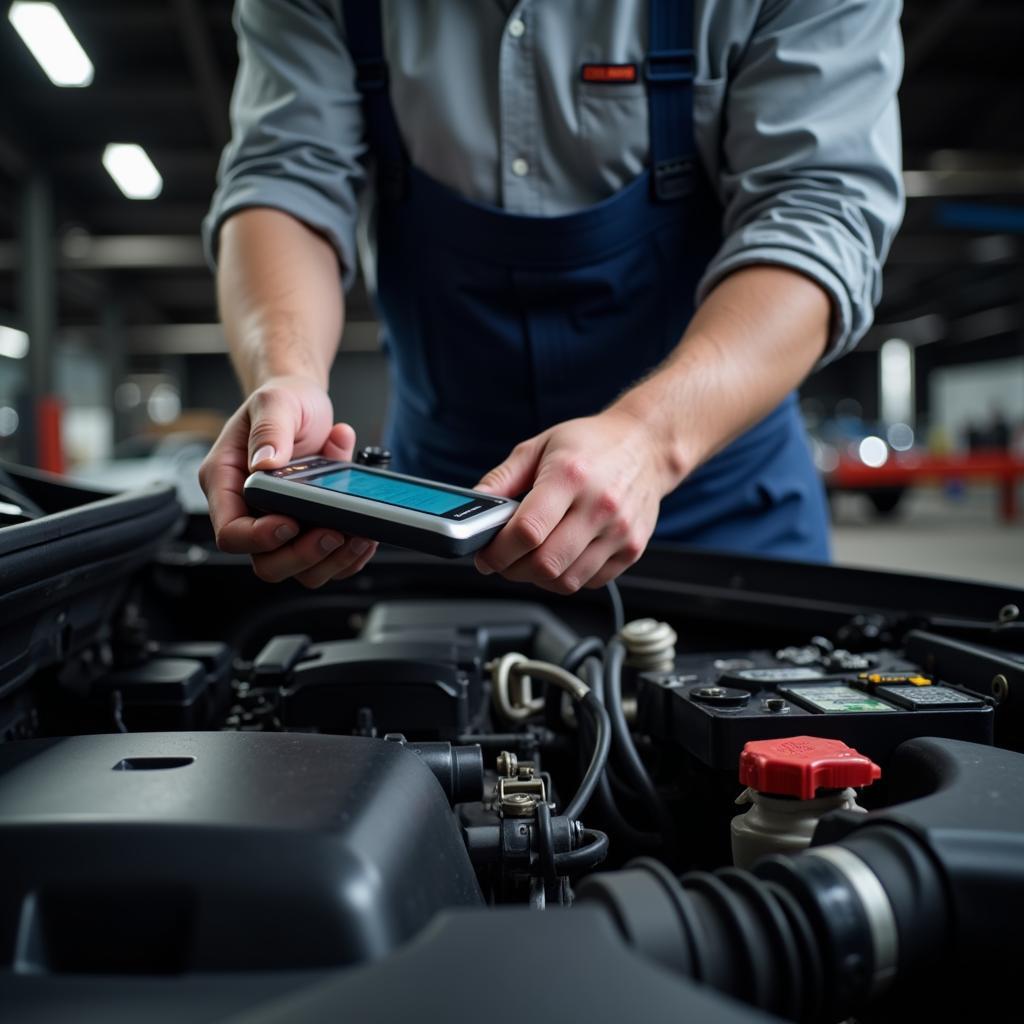 A skilled car mechanic inspecting a car engine in a modern workshop