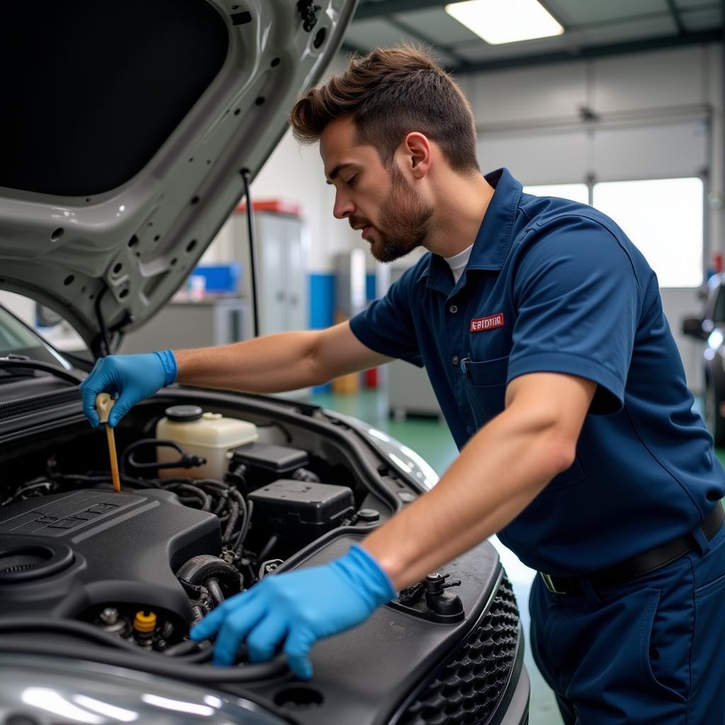 Car Mechanic Checking Engine Oil