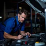 Car Mechanic Performing Engine Diagnosis