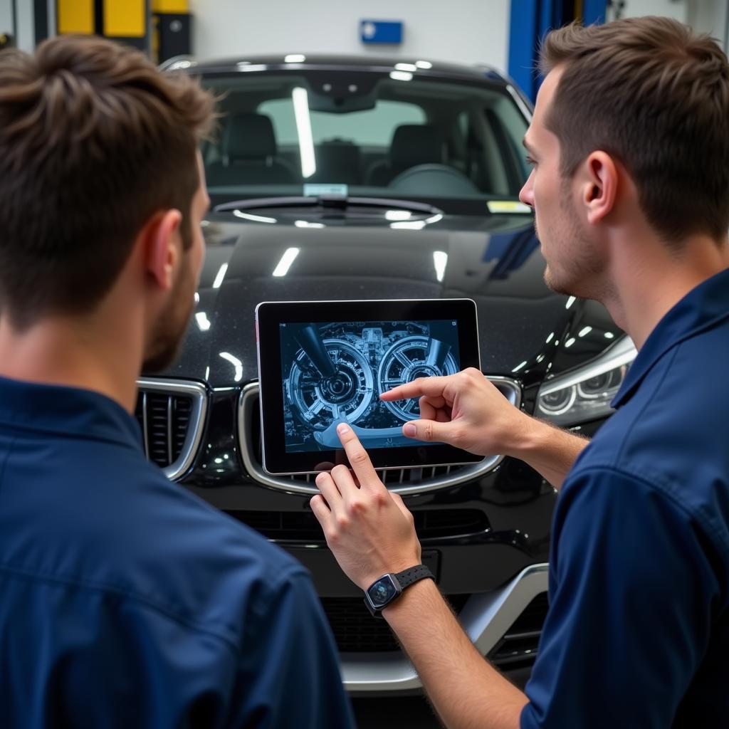 Car mechanic explaining repairs to a car owner using a tablet to display a digital image of the car part