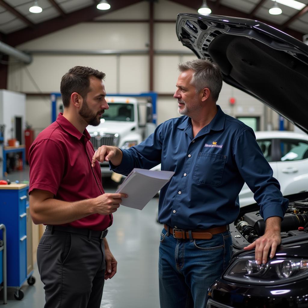 Mechanic discussing car repairs with a customer in a Newport Beach auto shop