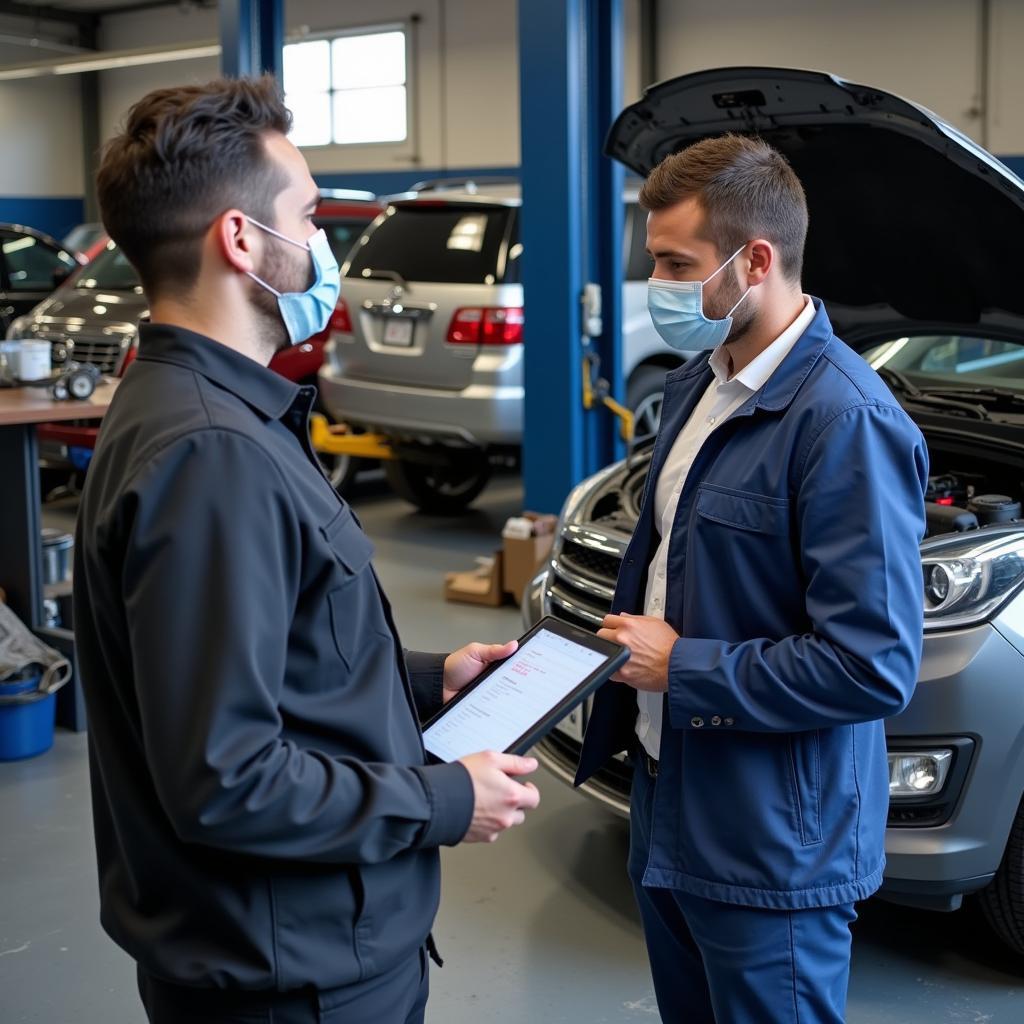 Car mechanic explaining service details