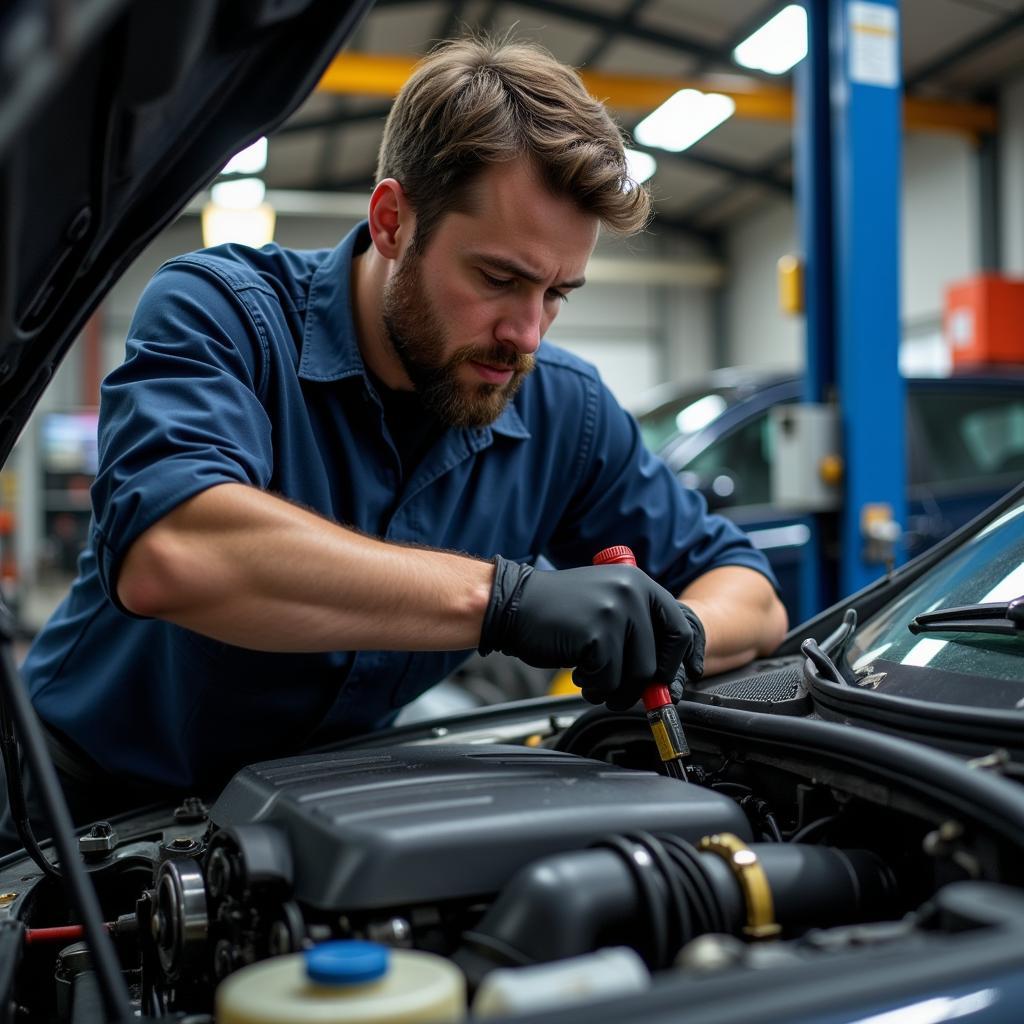 Mechanic Performing Car Engine Inspection