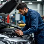 Skilled car mechanic inspecting engine in Chennai