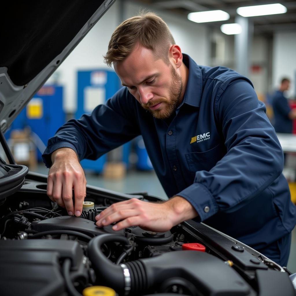 Car mechanic inspecting engine in Keynsham