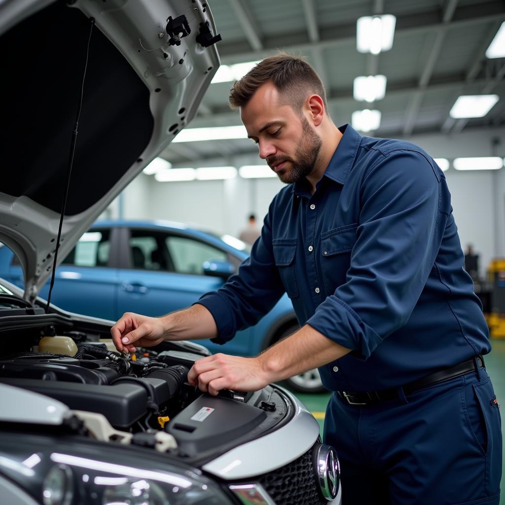 Mechanic Inspecting a Car Radiator in a Garage