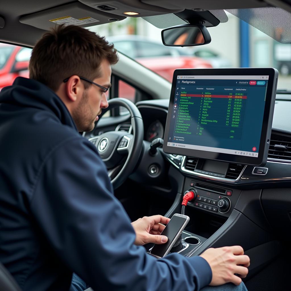 Car Mechanic Performing Diagnostics with Computer