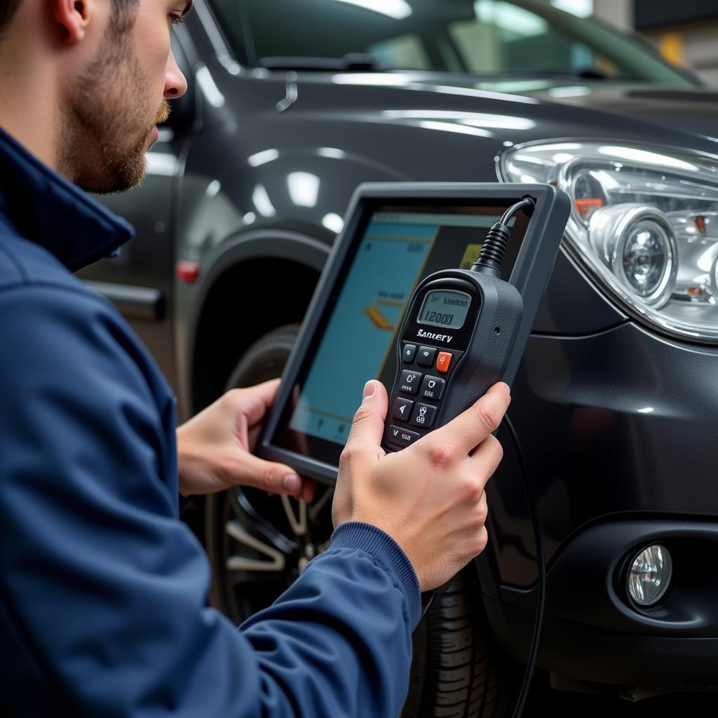 Mechanic using advanced diagnostic tools at a service port